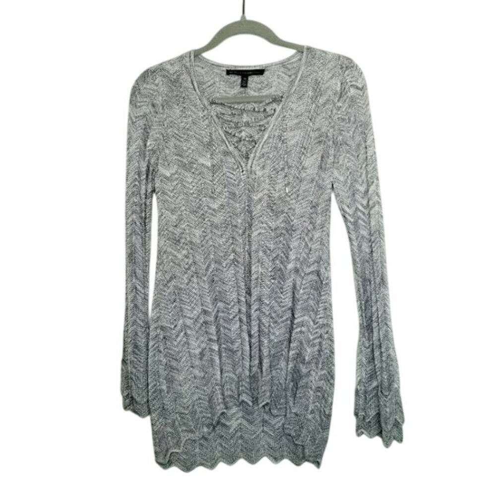 White House Black Market XS Gray Chevron Long Sleeve‎ Lace-Up Knit Tunic Top
